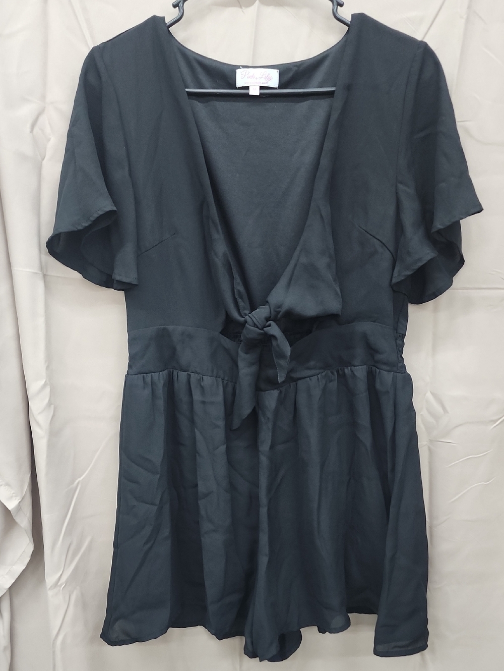 Pink Lily Black V Neck Romper With Tie Sz M